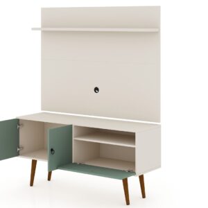 Manhattan Comfort Tribeca 53.94 Mid-Century Modern TV Stand and Panel with Media and Display Shelves in Off White and Green Mint