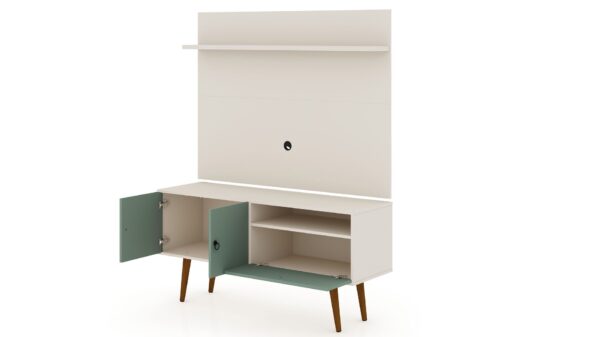 Manhattan Comfort Tribeca 53.94 Mid-Century Modern TV Stand and Panel with Media and Display Shelves in Off White and Green Mint