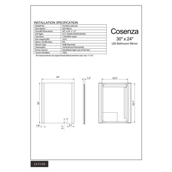 Altair 741024-LED-AC Cosenza 24 Inch Rectangle Frameless Modern LED Bathroom Vanity Mirror