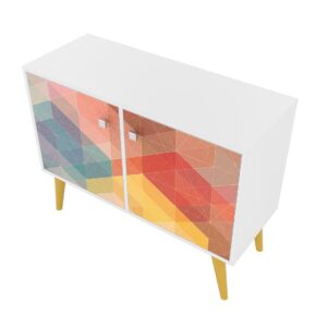 Manhattan Comfort Funky Avesta Side Table 2.0 with 3 Shelves in a White Frame with a Colorful Stamp Door and Yellow Feet