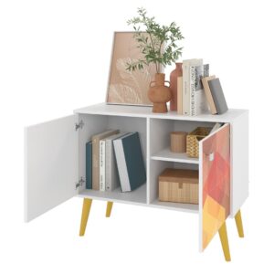 Manhattan Comfort Funky Avesta Side Table 2.0 with 3 Shelves in a White Frame with a Colorful Stamp Door and Yellow Feet