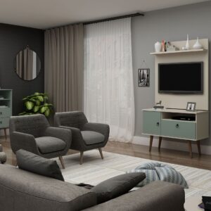 Manhattan Comfort Tribeca 35.43 Mid-Century Modern TV Stand and Panel with Media and Display Shelves in Off White and Green Mint