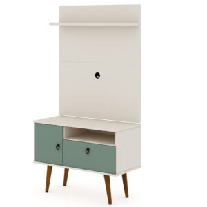 Manhattan Comfort Tribeca 35.43 Mid-Century Modern TV Stand and Panel with Media and Display Shelves in Off White and Green Mint