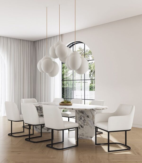 Manhattan Comfort Modern Serena 8 Piece Dining Set Upholstered in Leatherette with Steel Legs in Cream