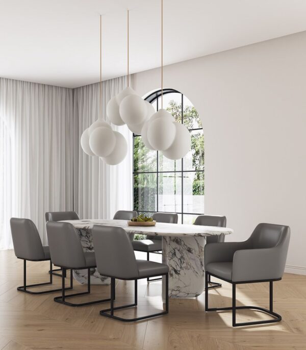 Manhattan Comfort Modern Serena 8 Piece Dining Set Upholstered in Leatherette with Steel Legs in Grey