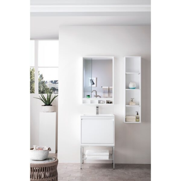 James Martin 801V23.6GWBNKGW Milan 23.6 Inch Single Vanity Cabinet in Glossy White and Brushed Nickel with Glossy White Composite Top