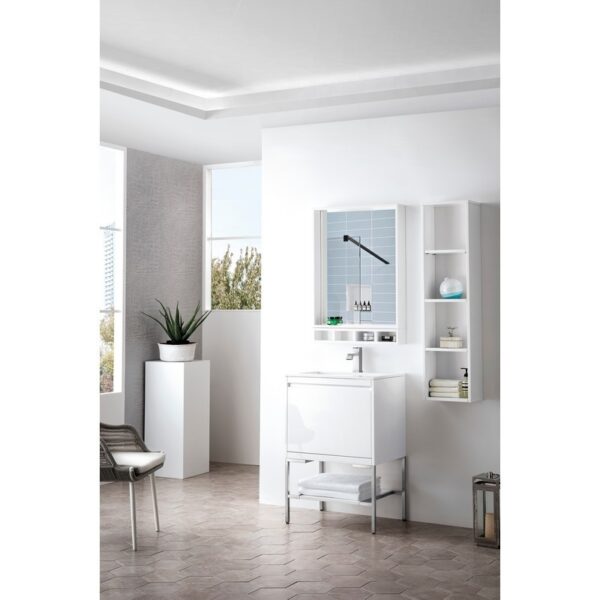 James Martin 801V23.6GWBNKGW Milan 23.6 Inch Single Vanity Cabinet in Glossy White and Brushed Nickel with Glossy White Composite Top