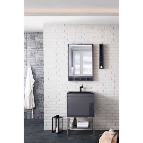 James Martin 801V23.6MGGBNKCHB Milan 23.6 Inch Single Vanity Cabinet in Modern Grey Glossy and Brushed Nickel with Charcoal Black Composite Top