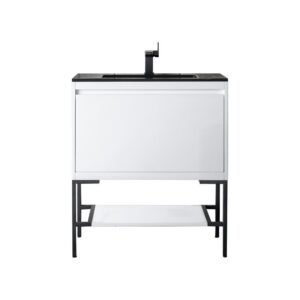 James Martin 801V31.5GWMBKCHB Milan 31.5 Inch Single Vanity Cabinet in Glossy White and Matte Black with Charcoal Black Composite Top