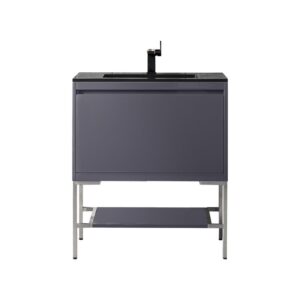 James Martin 801V31.5MGGBNKCHB Milan 31.5 Inch Single Vanity Cabinet in Modern Grey Glossy and Brushed Nickel with Charcoal Black Composite Top