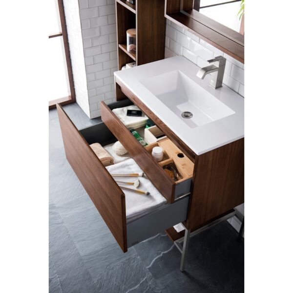 James Martin 801V31.5WLTBNKGW Milan 31.5 Inch Single Vanity Cabinet in Mid Century Walnut and Brushed Nickel with Glossy White Composite Top