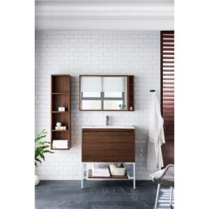 James Martin 801V31.5WLTGWGW Milan 31.5 Inch Single Vanity Cabinet in Mid Century Walnut and Glossy White with Glossy White Composite Top