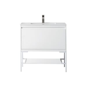 James Martin 801V35.4GWGWGW Milan 35.4 Inch Single Vanity Cabinet in Glossy White and Glossy White with Glossy White Composite Top