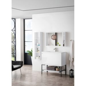 James Martin 801V35.4GWMBKGW Milan 35.4 Inch Single Vanity Cabinet in Glossy White and Matte Black with Glossy White Composite Top