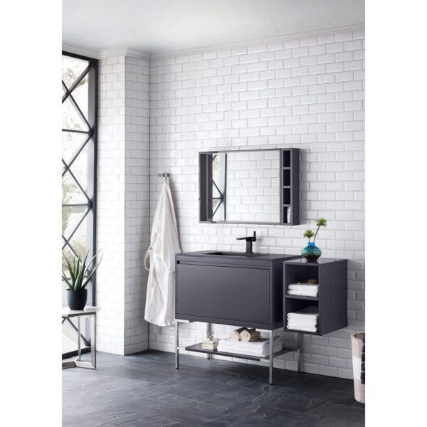 James Martin 801V35.4MGGBNKCHB Milan 35.4 Inch Single Vanity Cabinet in Modern Grey Glossy and Brushed Nickel with Charcoal Black Composite Top