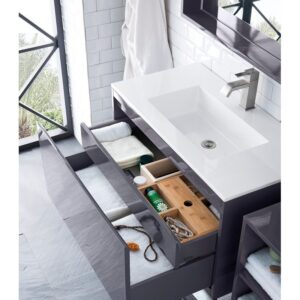 James Martin 801V35.4MGGGW Milan 35.4 Inch Single Vanity Cabinet in Modern Grey Glossy with Glossy White Composite Top