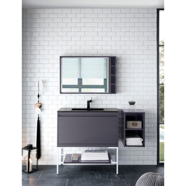 James Martin 801V35.4MGGGWCHB Milan 35.4 Inch Single Vanity Cabinet in Modern Grey Glossy and Glossy White with Charcoal Black Composite Top