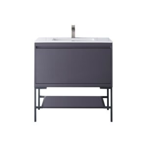 James Martin 801V35.4MGGMBKGW Milan 35.4 Inch Single Vanity Cabinet in Modern Grey Glossy and Matte Black with Glossy White Composite Top