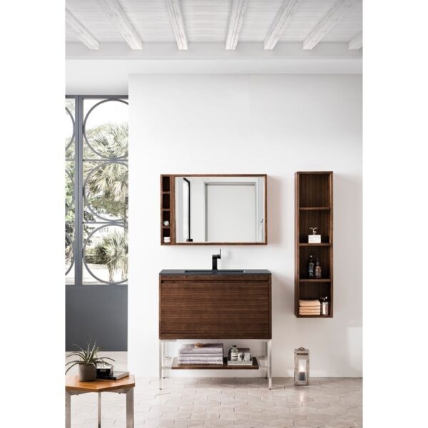 James Martin 801V35.4WLTBNKCHB Milan 35.4 Inch Single Vanity Cabinet in Mid Century Walnut and Brushed Nickel with Charcoal Black Composite Top