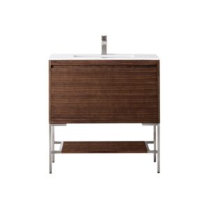 James Martin 801V35.4WLTBNKGW Milan 35.4 Inch Single Vanity Cabinet in Mid Century Walnut and Brushed Nickel with Glossy White Composite Top