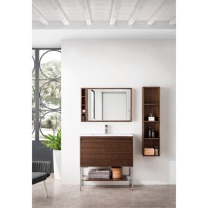 James Martin 801V35.4WLTBNKGW Milan 35.4 Inch Single Vanity Cabinet in Mid Century Walnut and Brushed Nickel with Glossy White Composite Top