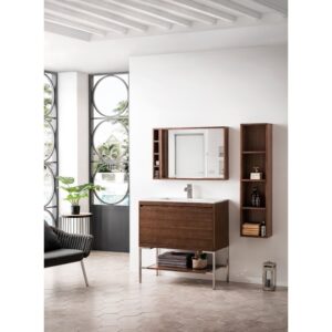 James Martin 801V35.4WLTBNKGW Milan 35.4 Inch Single Vanity Cabinet in Mid Century Walnut and Brushed Nickel with Glossy White Composite Top