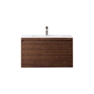 James Martin 801V35.4WLTGW Milan 35.4 Inch Single Vanity Cabinet in Mid Century Walnut with Glossy White Composite Top