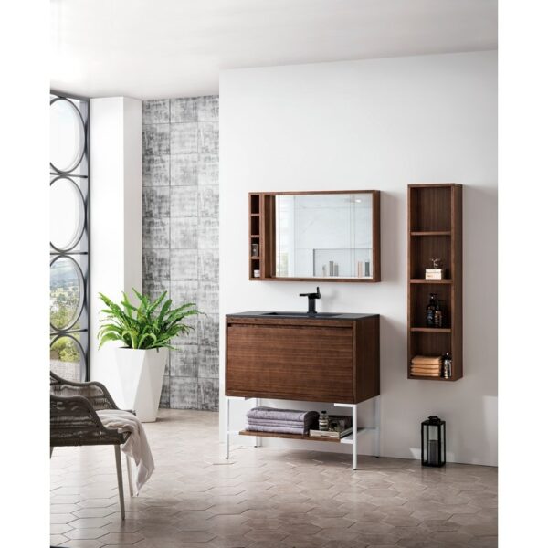 James Martin 801V35.4WLTGWCHB Milan 35.4 Inch Single Vanity Cabinet in Mid Century Walnut and Glossy White with Charcoal Black Composite Top