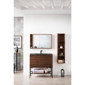 James Martin 801V35.4WLTMBKCHB Milan 35.4 Inch Single Vanity Cabinet in Mid Century Walnut and Matte Black with Charcoal Black Composite Top