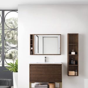 James Martin 801V35.4WLTRGDGW Milan 35 3/8 Inch Single Vanity Cabinet with Glossy White Composite Top - Mid Century Walnut