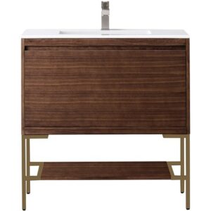 James Martin 801V35.4WLTRGDGW Milan 35 3/8 Inch Single Vanity Cabinet with Glossy White Composite Top - Mid Century Walnut