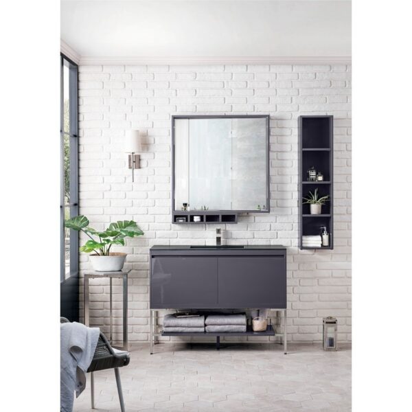 James Martin 801V47.3MGGBNKCHB Milan 47.3 Inch Single Vanity Cabinet in Modern Grey Glossy and Brushed Nickel with Charcoal Black Composite Top