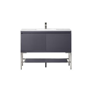 James Martin 801V47.3MGGBNKGW Milan 47.3 Inch Single Vanity Cabinet in Modern Grey Glossy and Brushed Nickel with Glossy White Composite Top