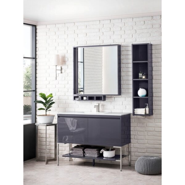 James Martin 801V47.3MGGBNKGW Milan 47.3 Inch Single Vanity Cabinet in Modern Grey Glossy and Brushed Nickel with Glossy White Composite Top