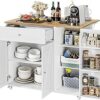 RetailHuntUSA Kitchen Island with Storage, Island Table on Wheels with Drop Leaf, Spice Rack, Drawer, Towel Rack, Rolling Kitchen Island Cart for Dinning Room, White 15.7-27.55" D x 47.63" W x 35.43" H