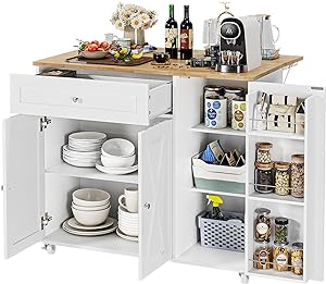 RetailHuntUSA Kitchen Island with Storage, Island Table on Wheels with Drop Leaf, Spice Rack, Drawer, Towel Rack, Rolling Kitchen Island Cart for Dinning Room, White 15.7-27.55" D x 47.63" W x 35.43" H