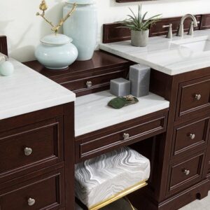 James Martin 825-V118-BNM-DU-CAR De Soto 118 Inch Double Vanity Set in Burnished Mahogany with Makeup Table with 3 cm Carrara Marble Top