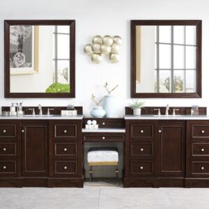 James Martin 825-V118-BNM-DU-CAR De Soto 118 Inch Double Vanity Set in Burnished Mahogany with Makeup Table with 3 cm Carrara Marble Top