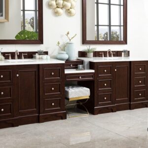 James Martin 825-V118-BNM-DU-CAR De Soto 118 Inch Double Vanity Set in Burnished Mahogany with Makeup Table with 3 cm Carrara Marble Top