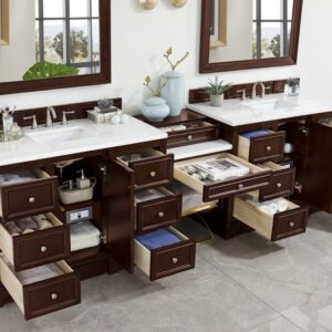 James Martin 825-V118-BNM-DU-AF De Soto 118 Inch Double Vanity Set in Burnished Mahogany with Makeup Table with 3 cm Arctic Fall Solid Surface Top