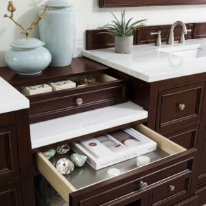 James Martin 825-V118-BNM-DU-AF De Soto 118 Inch Double Vanity Set in Burnished Mahogany with Makeup Table with 3 cm Arctic Fall Solid Surface Top