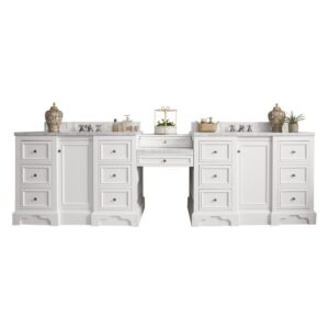 James Martin 825-V118-BW-DU-CAR De Soto 118 Inch Double Vanity Set in Bright White with Makeup Table with 3 cm Carrara Marble Top