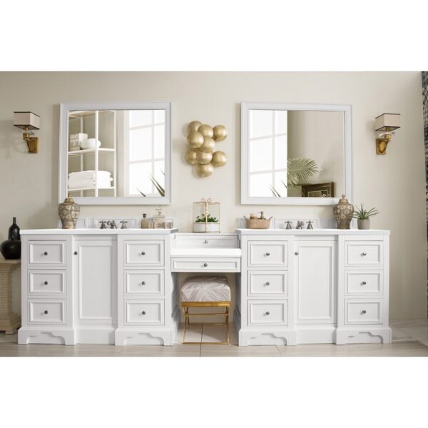 James Martin 825-V118-DU-WZ De Soto 120 1/2 Inch Double Vanity with Set 3 CM White Zeus Quartz Top and Makeup Table