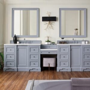 James Martin 825-V118-SL-DU-AF De Soto 118 Inch Double Vanity Set in Silver Gray with Makeup Table with 3 cm Arctic Fall Solid Surface Top