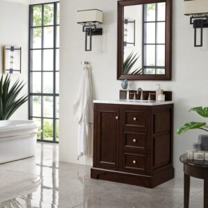 James Martin 825-V30-BNM-3AF De Soto 31 Inch Single Vanity in Burnished Mahogany with 3 cm Arctic Fall Solid Surface Top