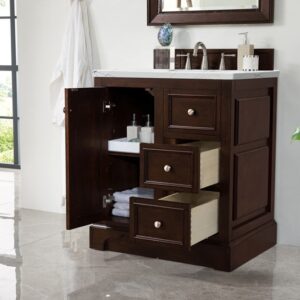 James Martin 825-V30-BNM-3ENC De Soto 31 1/4 Inch Single Vanity Cabinet with Ethereal Noctis Quartz Top - Burnished Mahogany