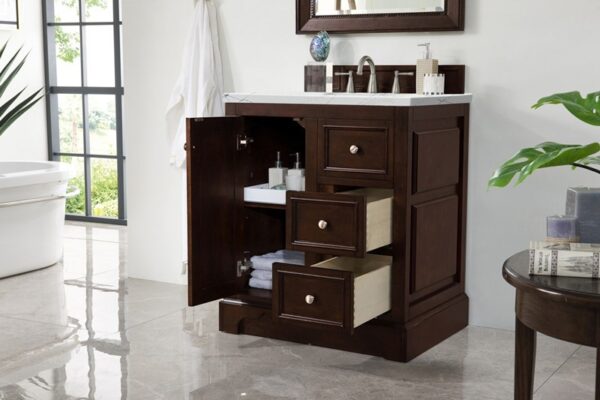 James Martin 825-V30-BNM-3ENC De Soto 31 1/4 Inch Single Vanity Cabinet with Ethereal Noctis Quartz Top - Burnished Mahogany