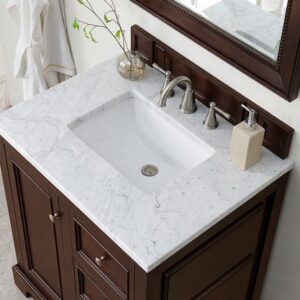 James Martin 825-V30-BNM-3CAR De Soto 31 Inch Single Vanity in Burnished Mahogany with 3 cm Carrara Marble Top