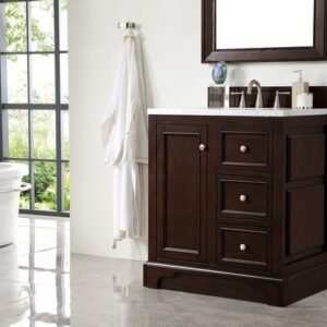 James Martin 825-V30-BNM-3AF De Soto 31 Inch Single Vanity in Burnished Mahogany with 3 cm Arctic Fall Solid Surface Top