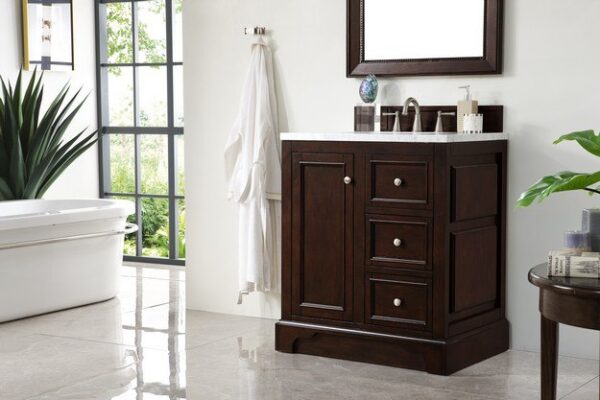 James Martin 825-V30-BNM-3AF De Soto 31 Inch Single Vanity in Burnished Mahogany with 3 cm Arctic Fall Solid Surface Top